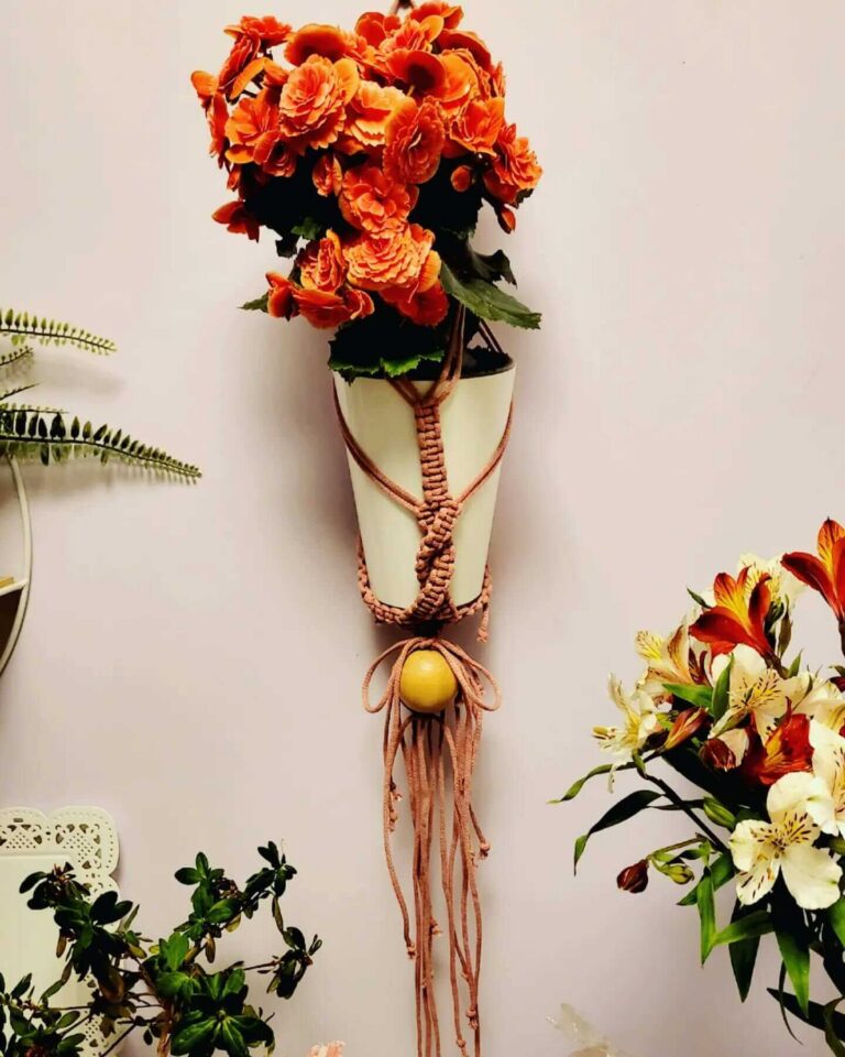 pink macrame flower holder tori`stale