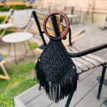 black macrame bag with wooden hand handle toristale