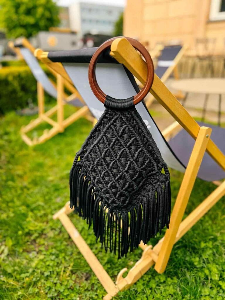 black macrame bag with wooden handle & fringes toristale