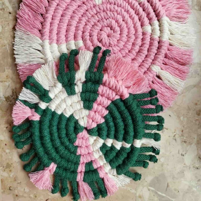 macrame coaster pink white green