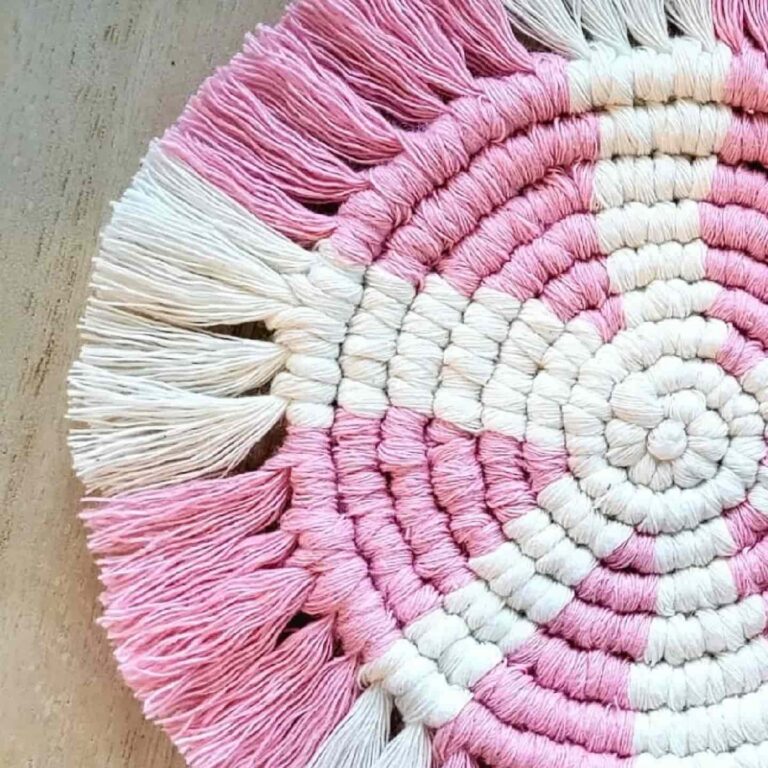 macro macrame coaster pink white