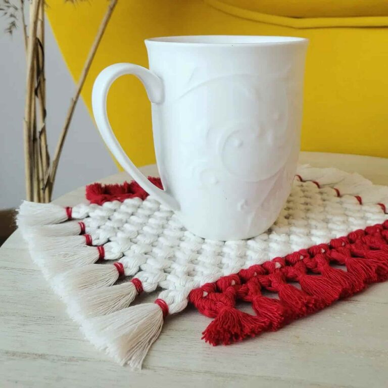 white & red macrame cup mat tori`s tale coasters